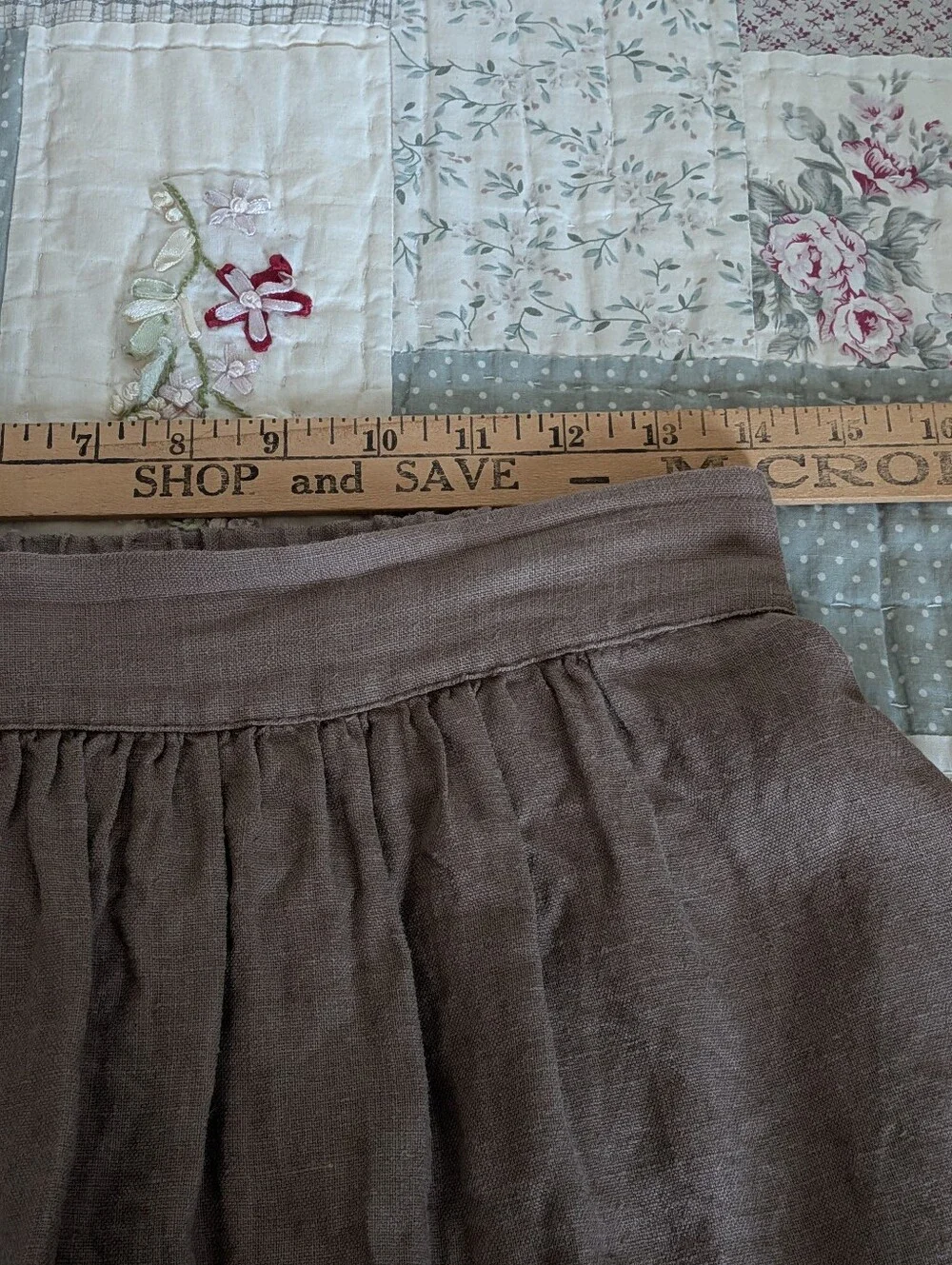 Linenfox 100% Linen Skirt S/M Taupe Brown Elastic Waist Pockets Handmade